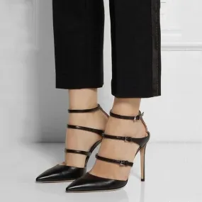 Black Leather Buckles High Heel Sandals