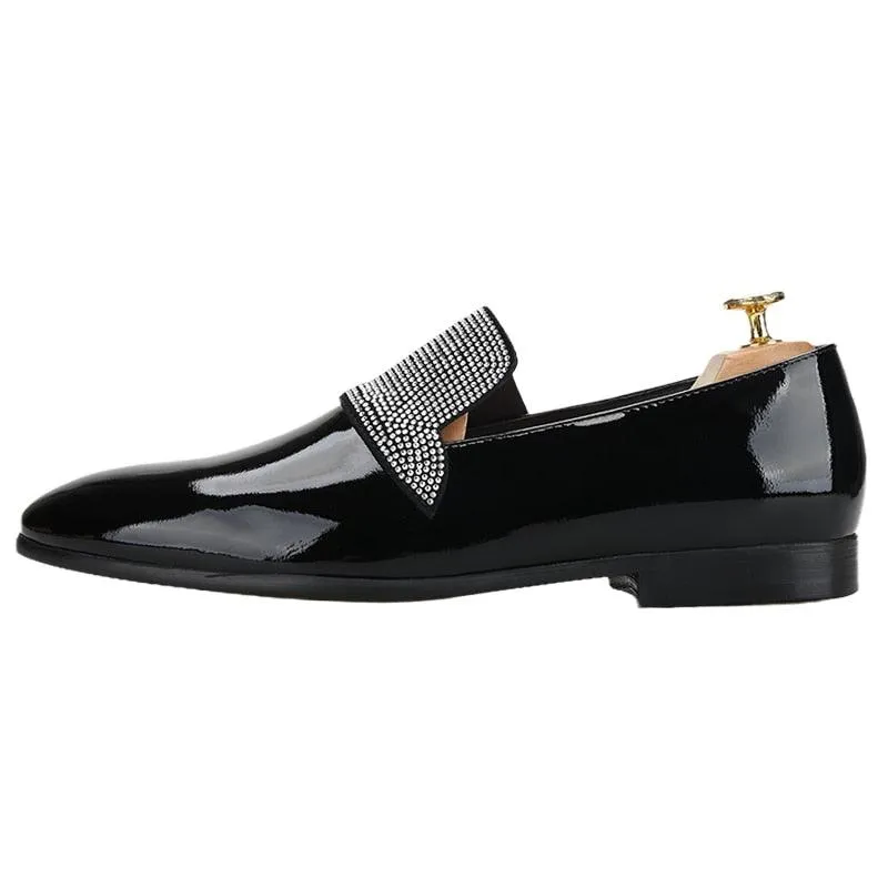 Black Patent Leather Loafers With Rhinestones - Men Shoes