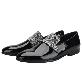 Black Patent Leather Loafers With Rhinestones - Men Shoes