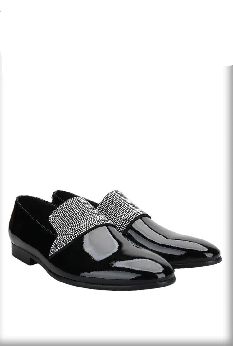 Black Patent Leather Loafers With Rhinestones - Men Shoes