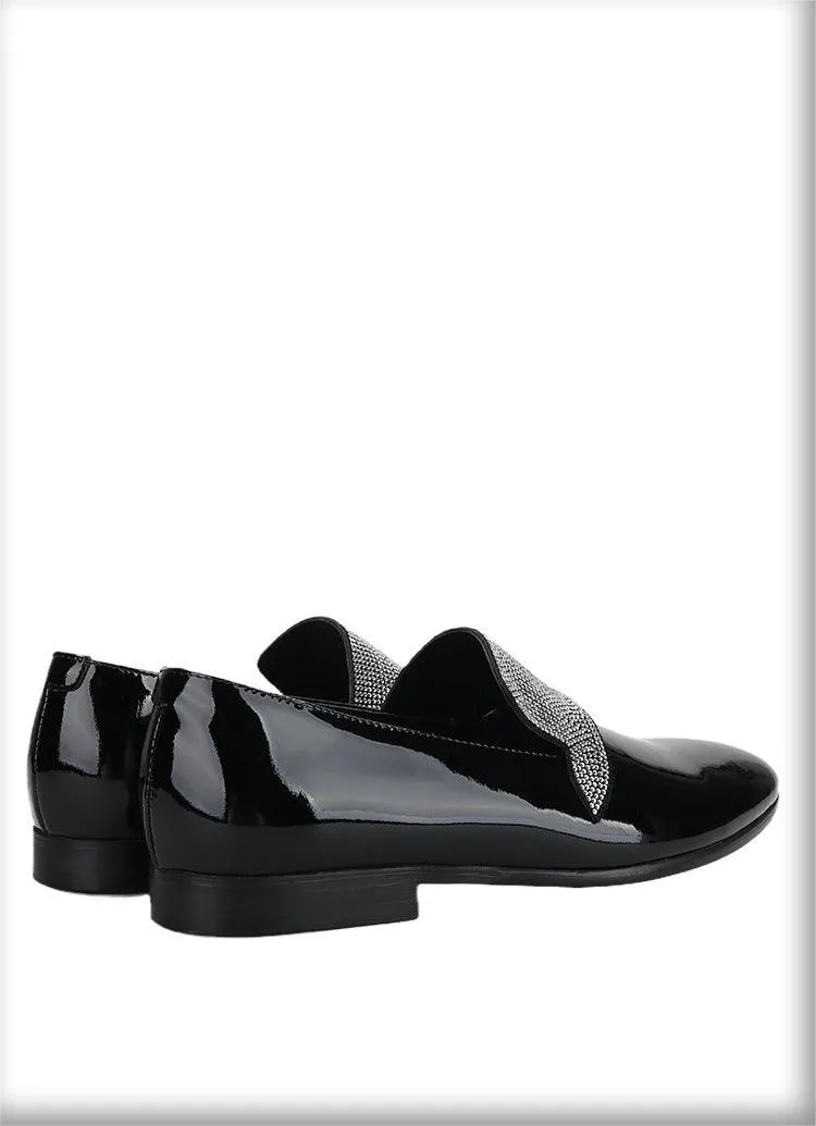 Black Patent Leather Loafers With Rhinestones - Men Shoes