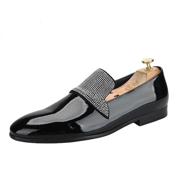 Black Patent Leather Loafers With Rhinestones - Men Shoes