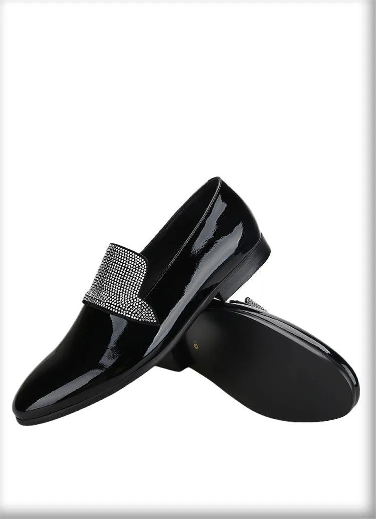 Black Patent Leather Loafers With Rhinestones - Men Shoes