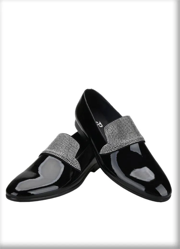 Black Patent Leather Loafers With Rhinestones - Men Shoes