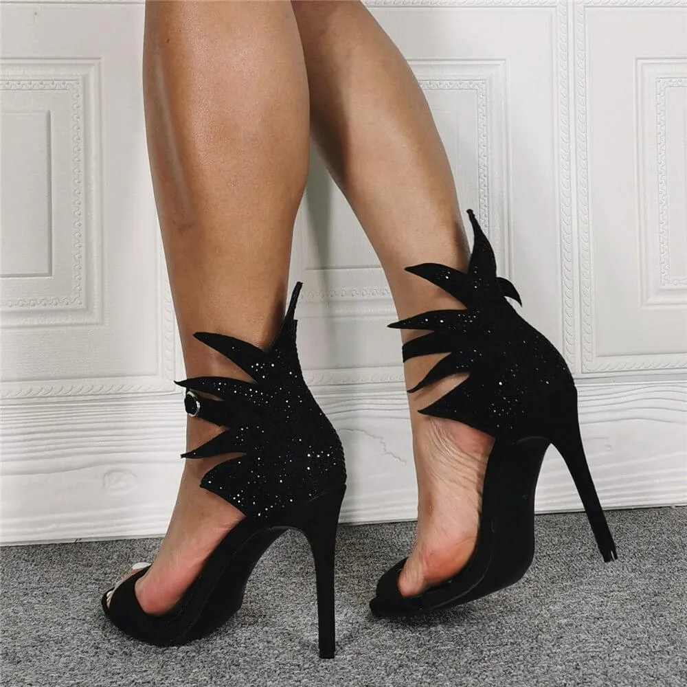 Black Suede Rhinestone High Heel Ankle Sandals