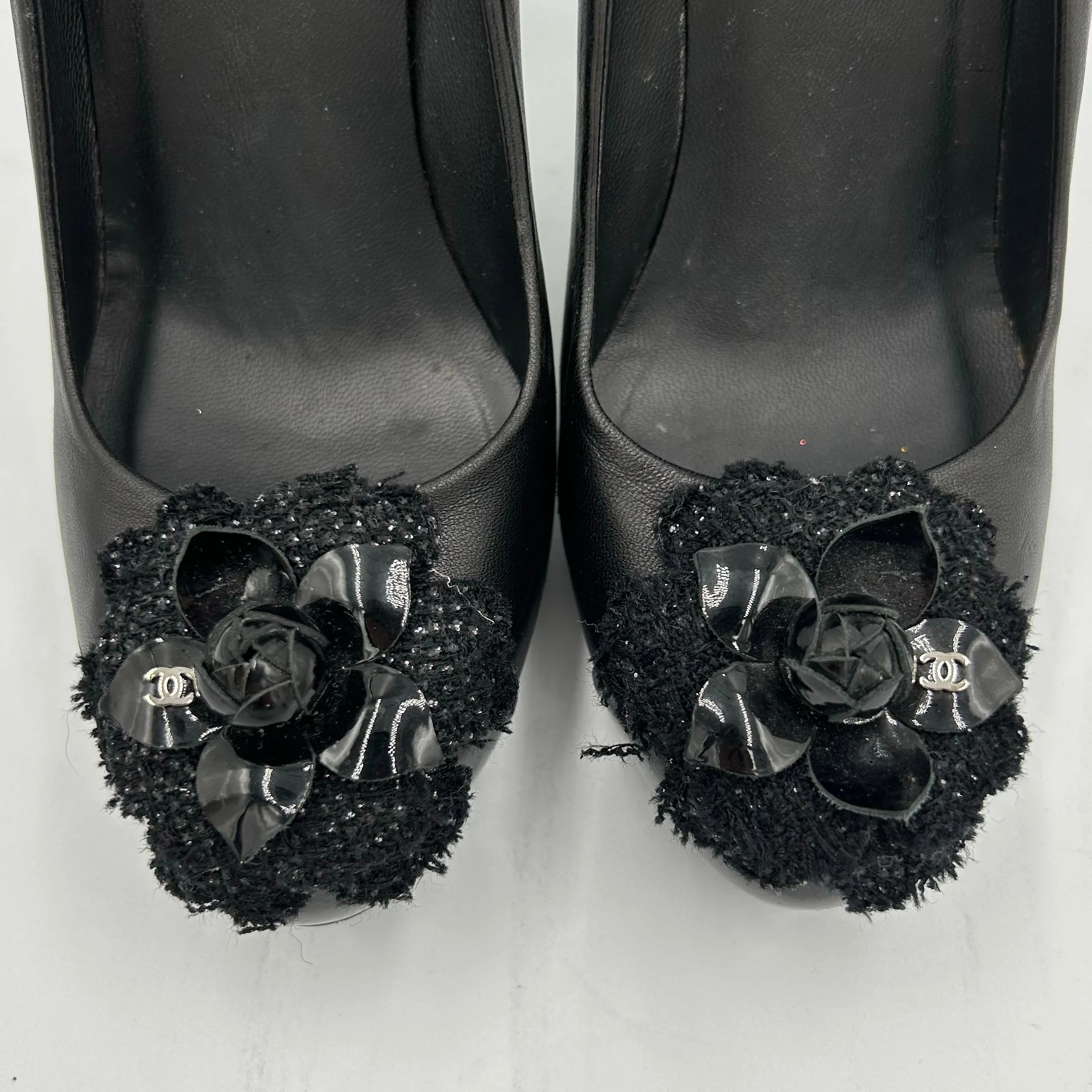 Chanel Black Lambskin & Glitter Camellia Platform Heels 39