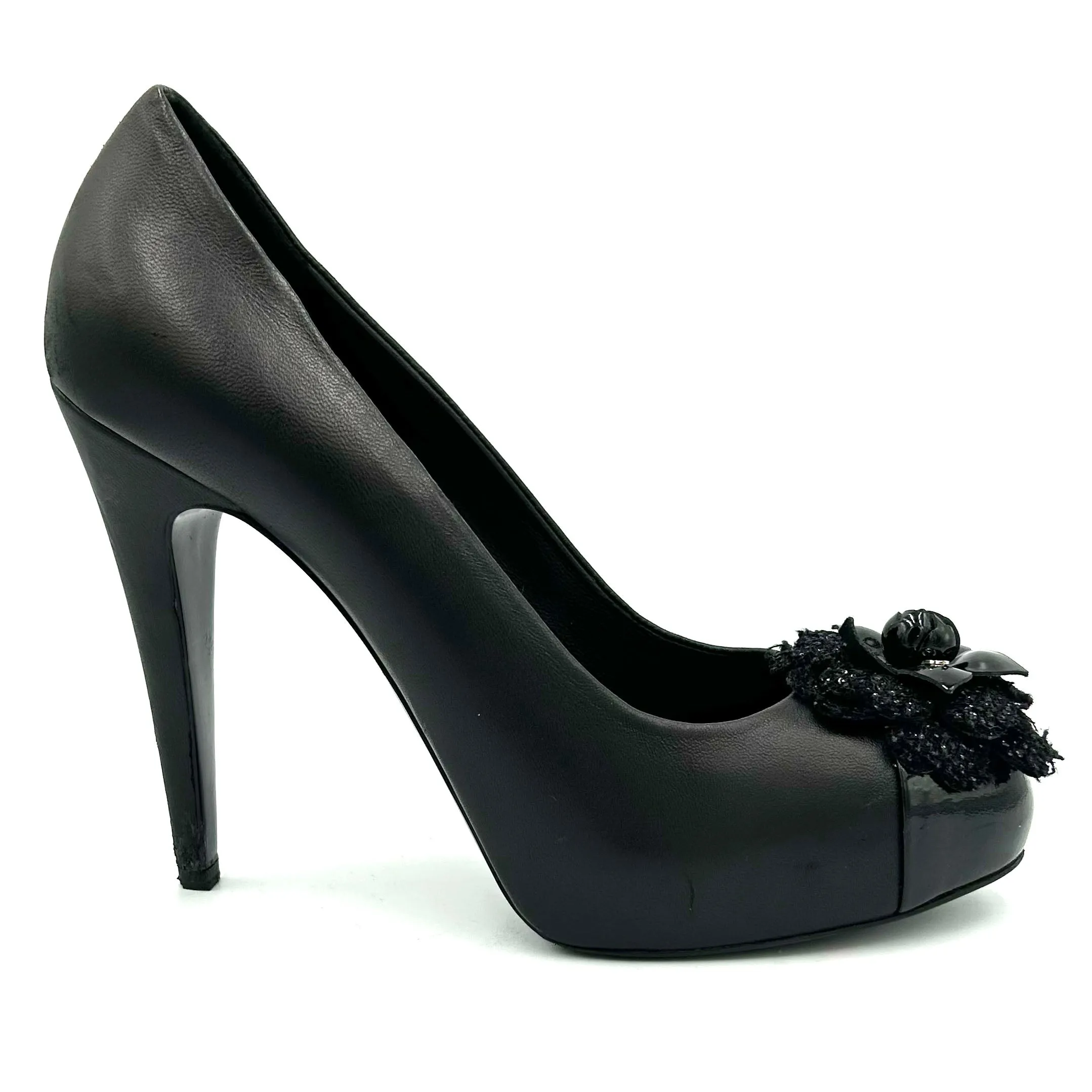 Chanel Black Lambskin & Glitter Camellia Platform Heels 39