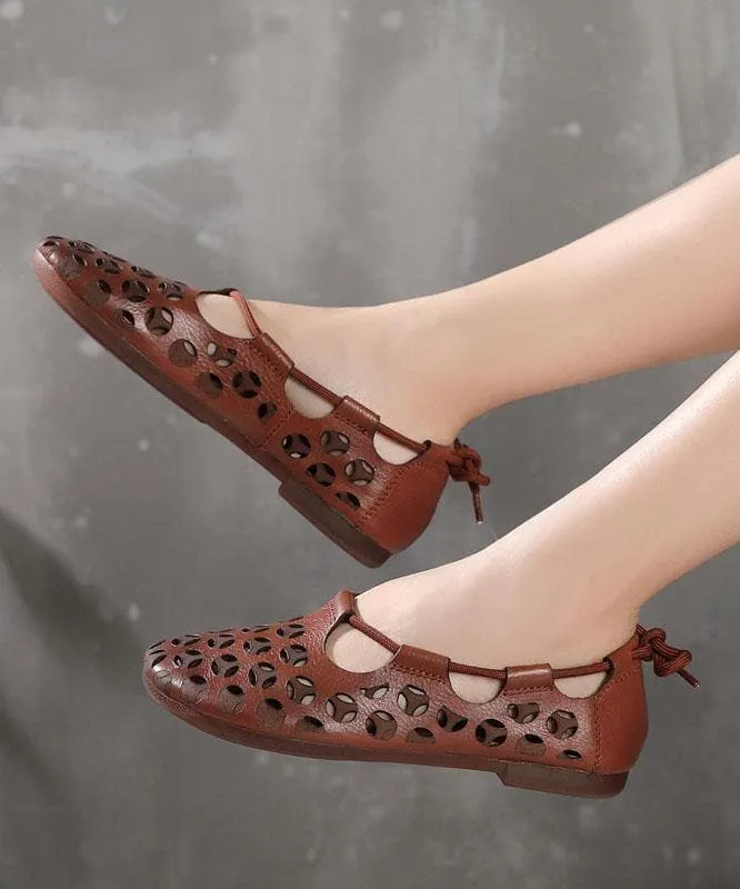 Chocolate Flat Shoes Cowhide Leather Vintage Hollow Out Flats