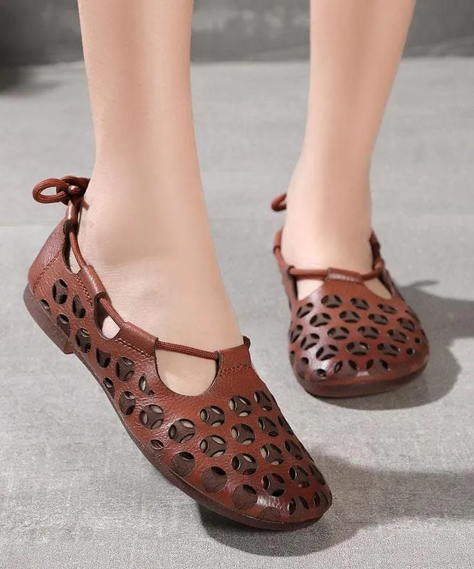 Chocolate Flat Shoes Cowhide Leather Vintage Hollow Out Flats