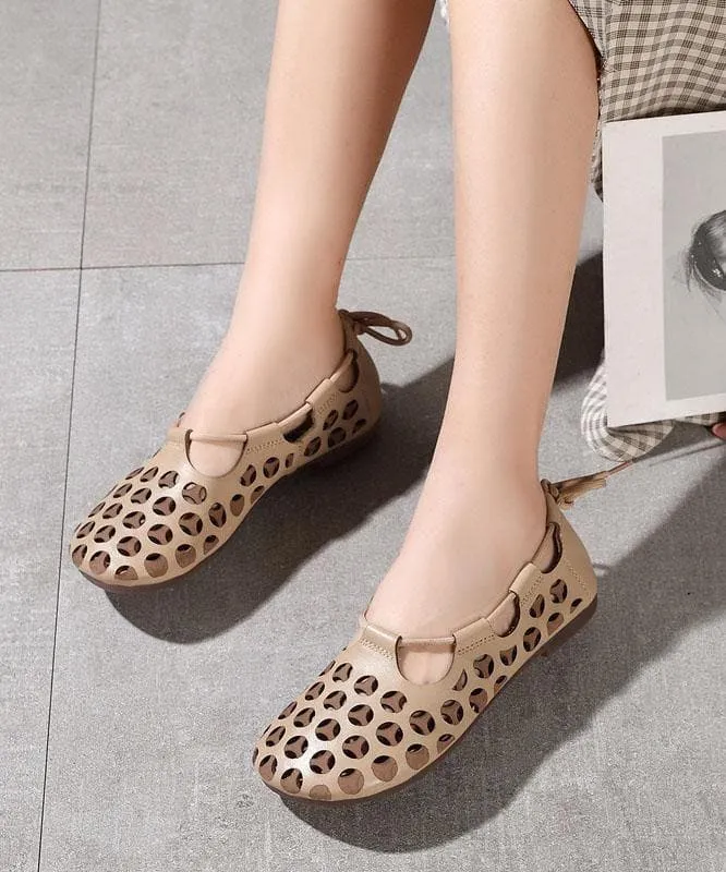 Chocolate Flat Shoes Cowhide Leather Vintage Hollow Out Flats