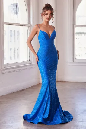 CINDERELLA DIVINE KV1094 Fitted V-Neck Glitter Gown