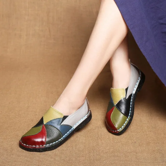 DONGNANFENG Women's Ladies Female Woman Mother Shoes Flats Genuine Leather Loafers Mixed Colorful Non Slip On Plus Size 35-42