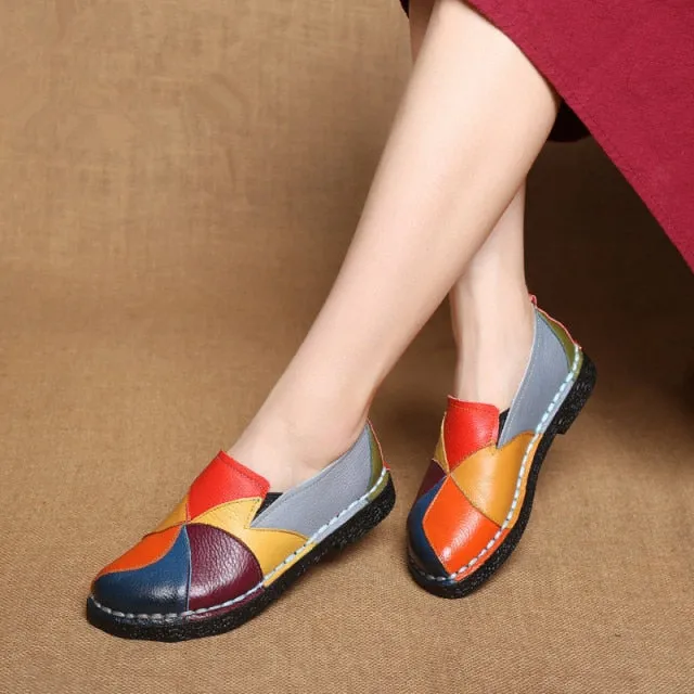 DONGNANFENG Women's Ladies Female Woman Mother Shoes Flats Genuine Leather Loafers Mixed Colorful Non Slip On Plus Size 35-42