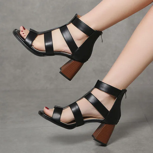 elveswallet Retro Thin strap Thick heel Roman Sandals