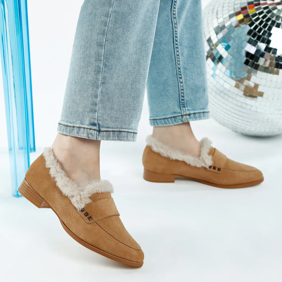 Fur Trim Suede Loafers