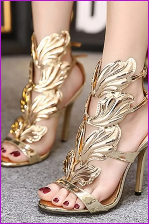 Gold/Black/Beige Elegant Wings High Heel Sandals F082