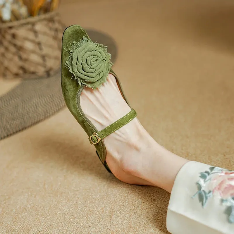 Gracia Flower Applique Suede Mule Slipper