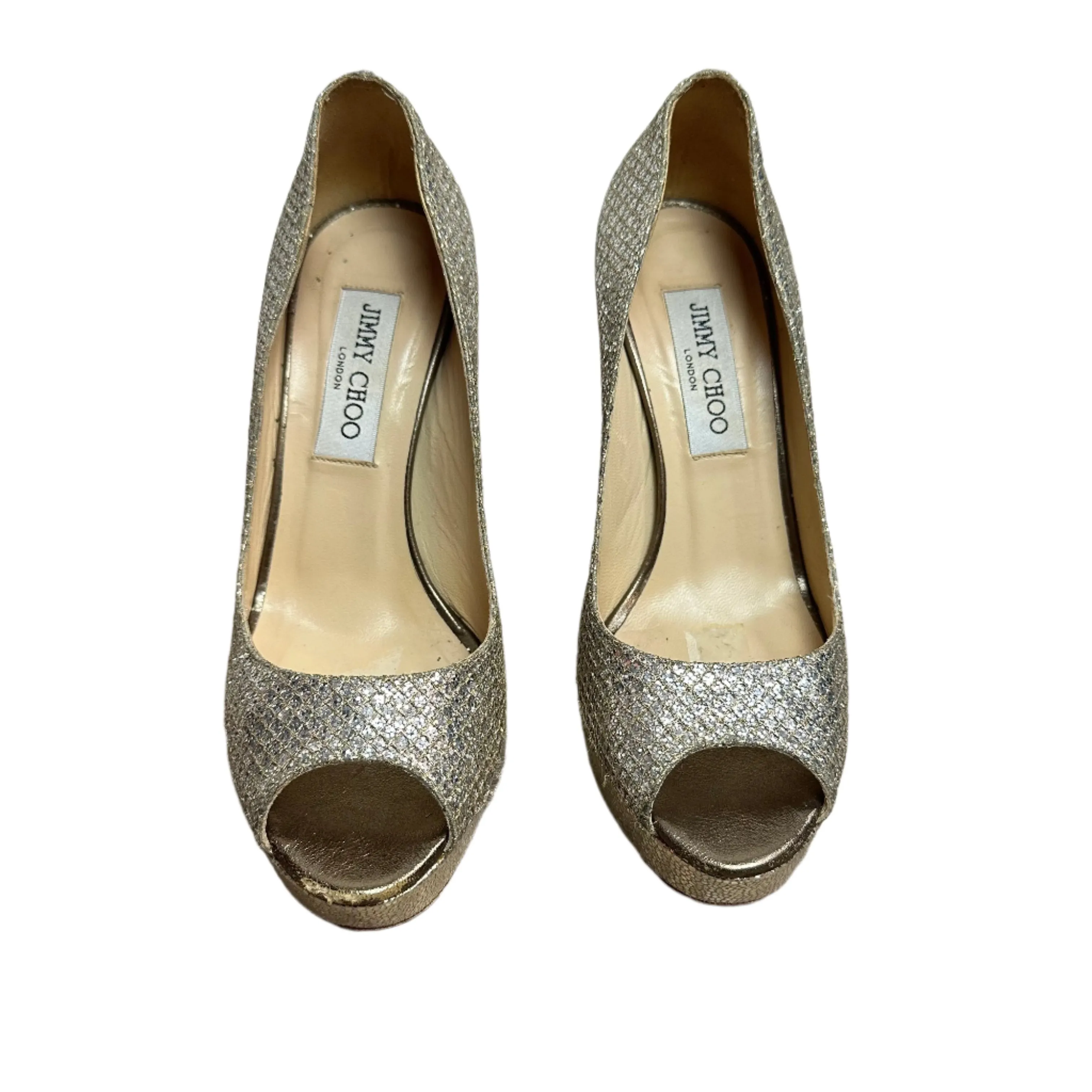 Jimmy Choo Dahlia Peep Toe Platform Pumps Silver Champagne Glitter Fabric