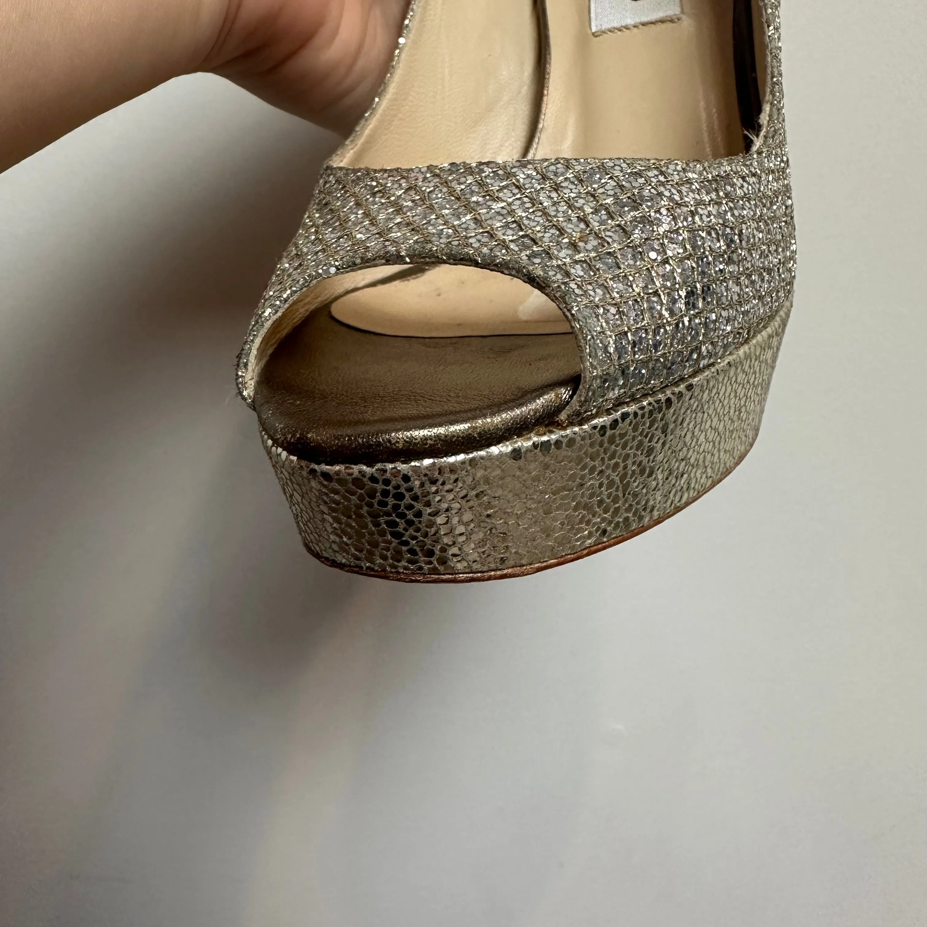 Jimmy Choo Dahlia Peep Toe Platform Pumps Silver Champagne Glitter Fabric