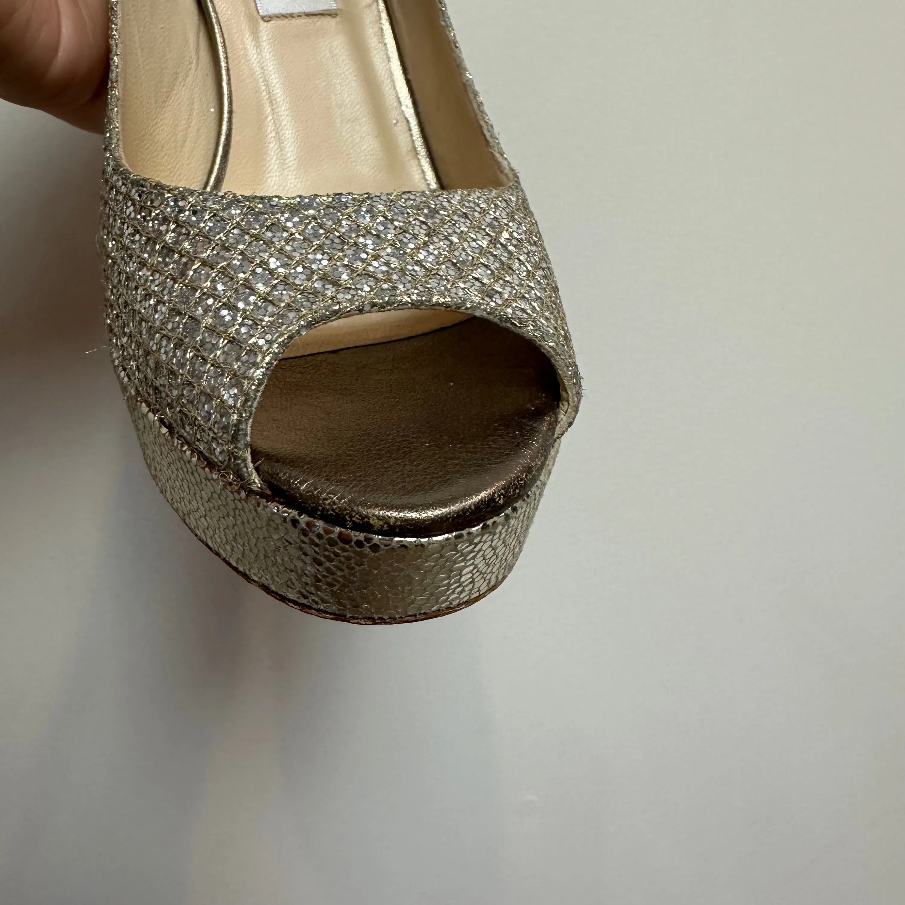 Jimmy Choo Dahlia Peep Toe Platform Pumps Silver Champagne Glitter Fabric