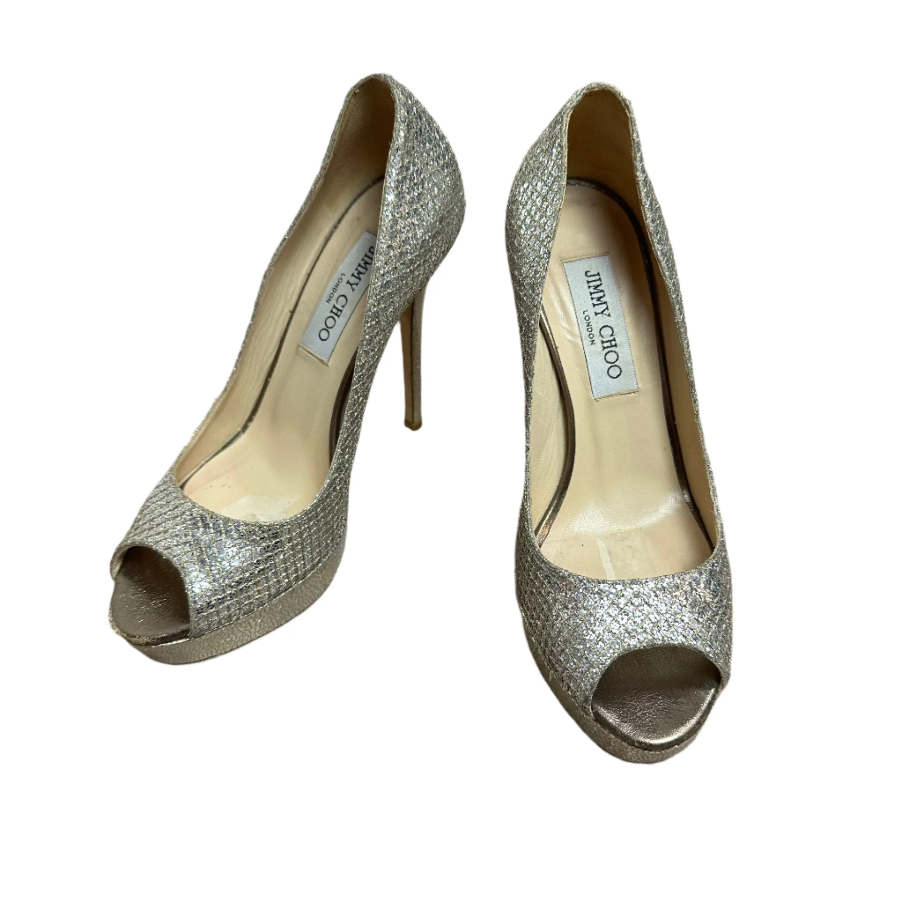 Jimmy Choo Dahlia Peep Toe Platform Pumps Silver Champagne Glitter Fabric