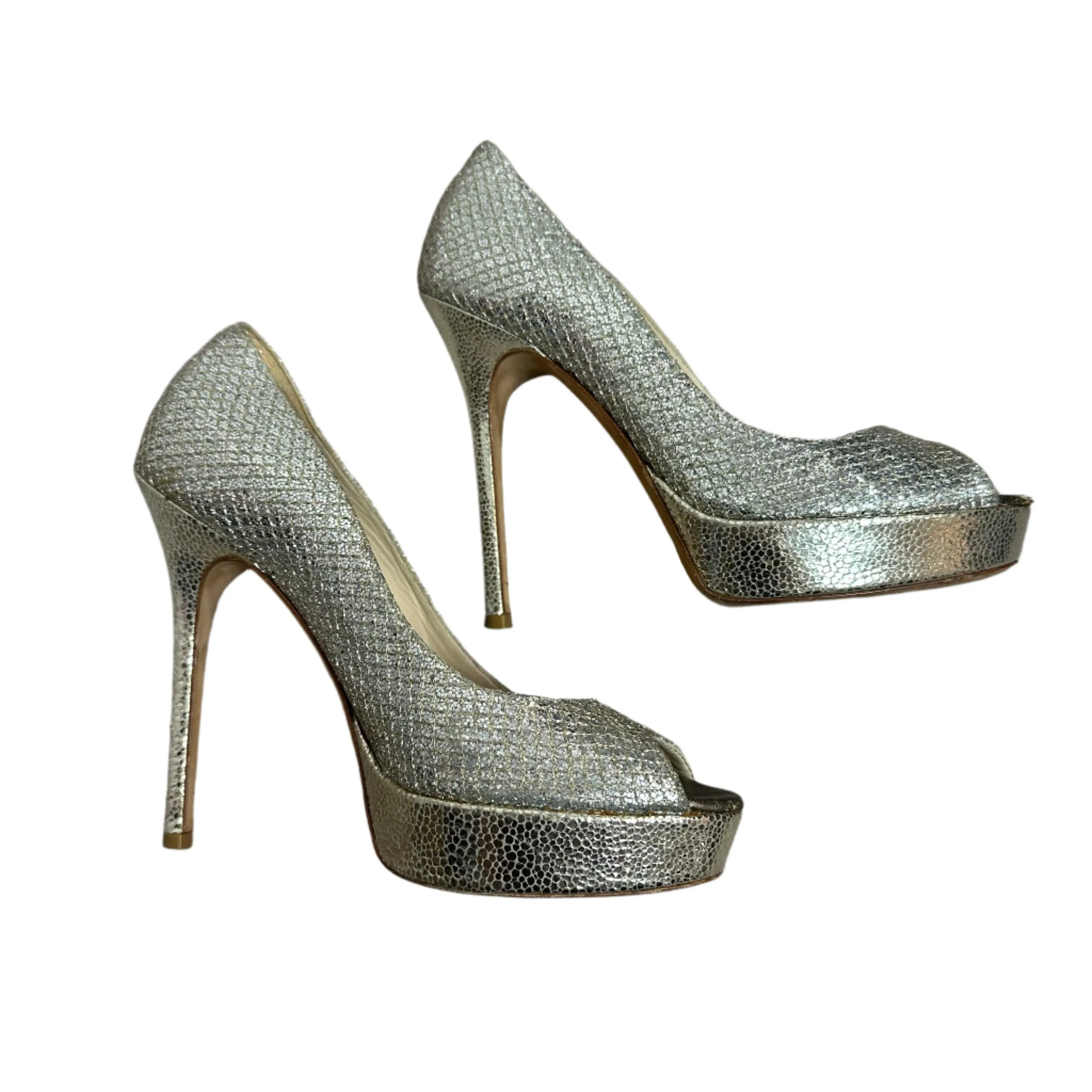 Jimmy Choo Dahlia Peep Toe Platform Pumps Silver Champagne Glitter Fabric