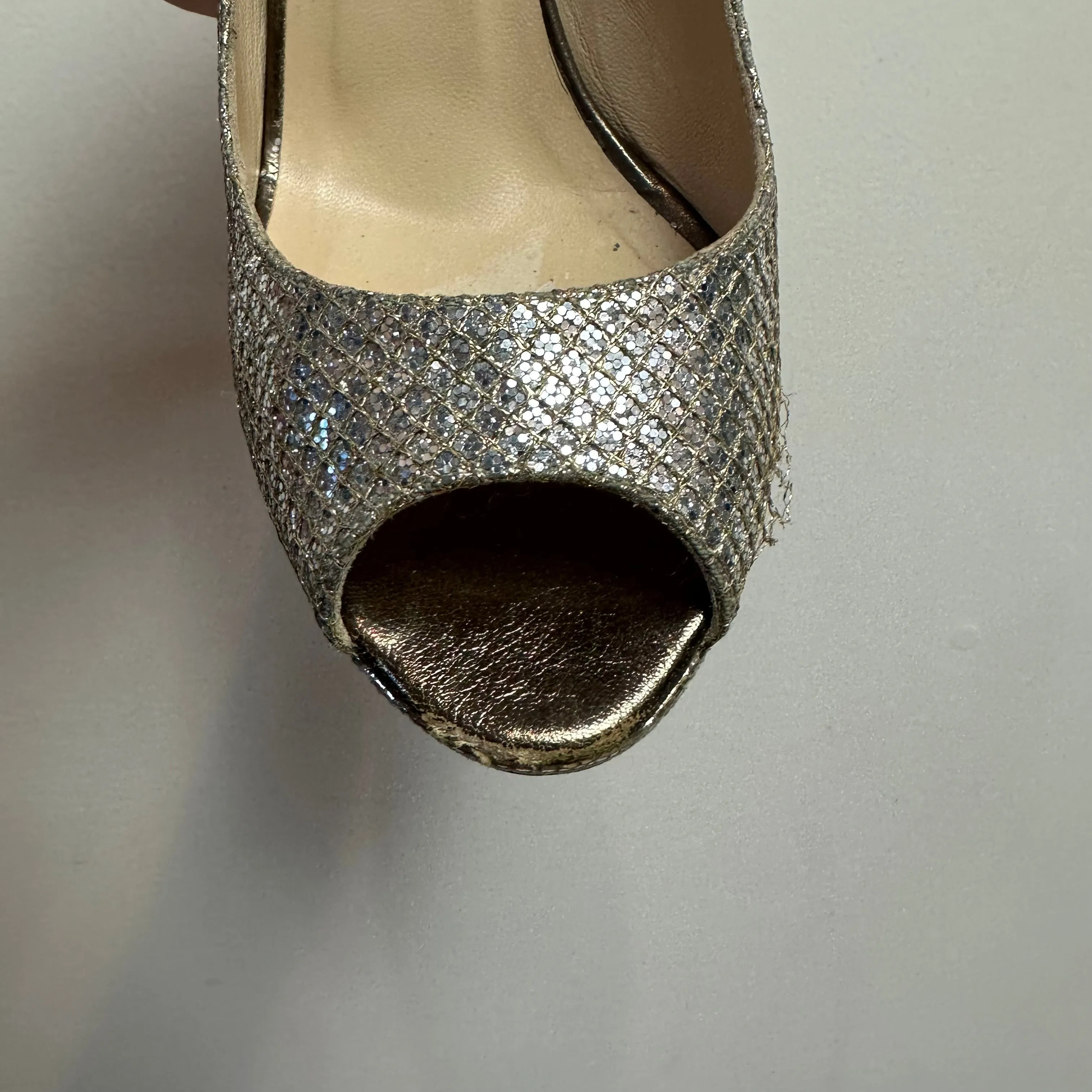 Jimmy Choo Dahlia Peep Toe Platform Pumps Silver Champagne Glitter Fabric