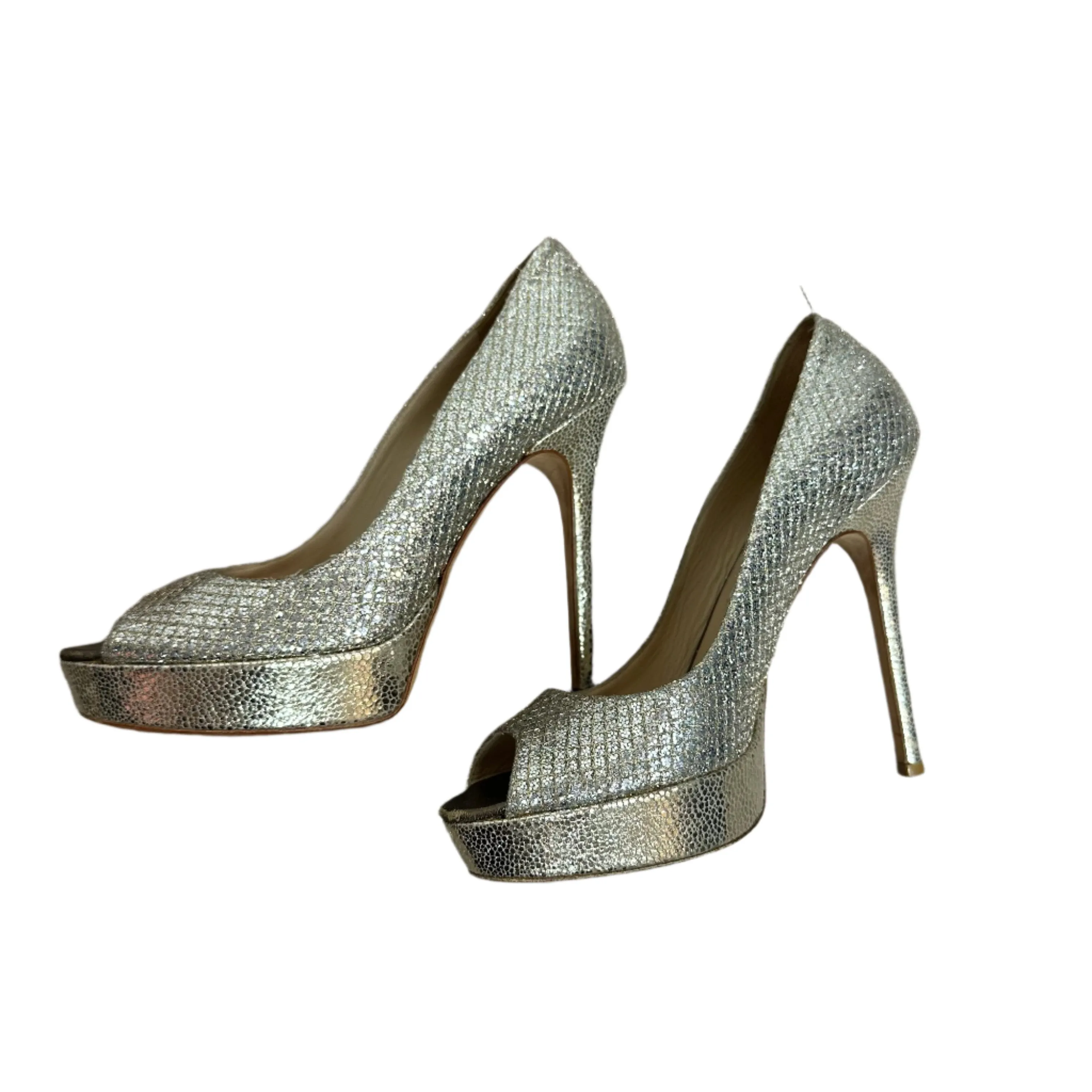 Jimmy Choo Dahlia Peep Toe Platform Pumps Silver Champagne Glitter Fabric