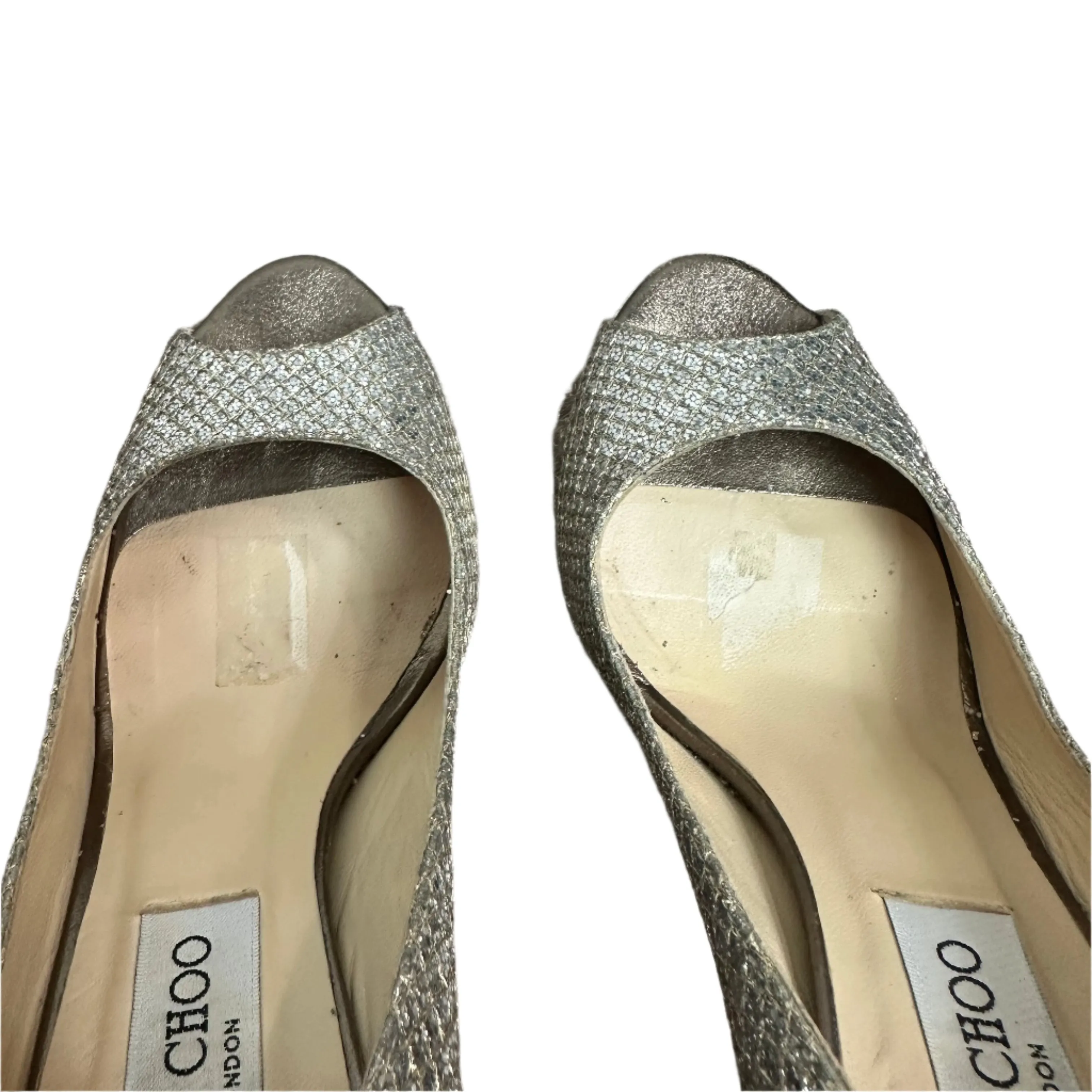 Jimmy Choo Dahlia Peep Toe Platform Pumps Silver Champagne Glitter Fabric