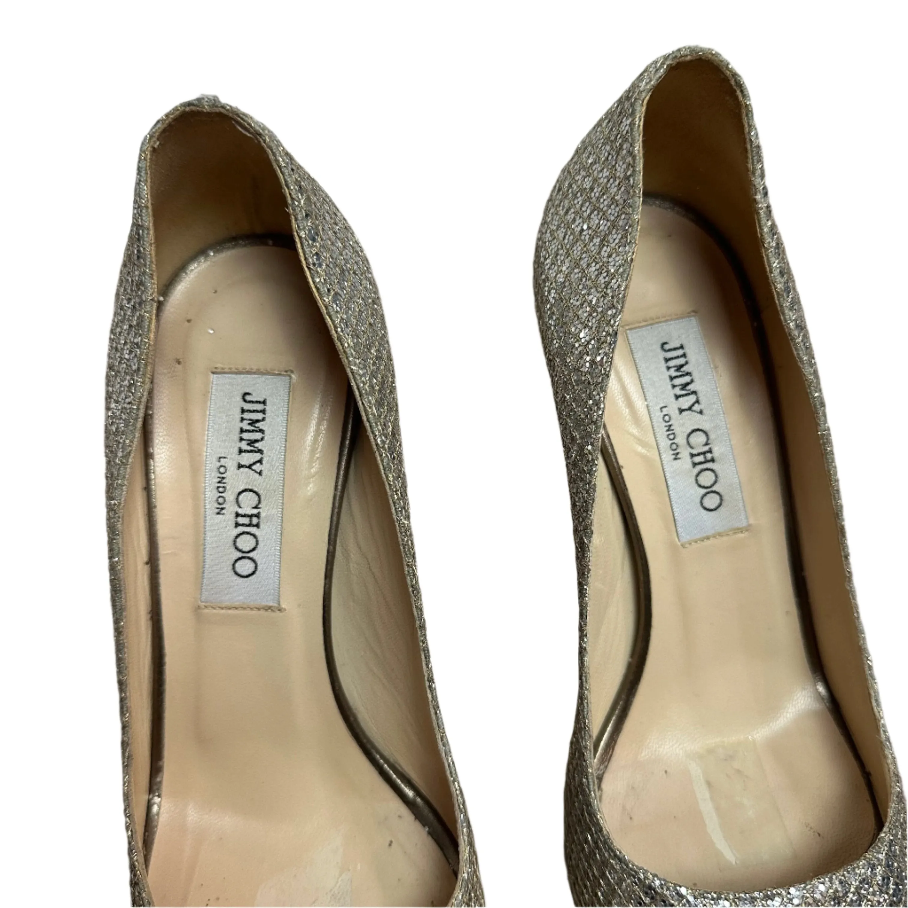 Jimmy Choo Dahlia Peep Toe Platform Pumps Silver Champagne Glitter Fabric