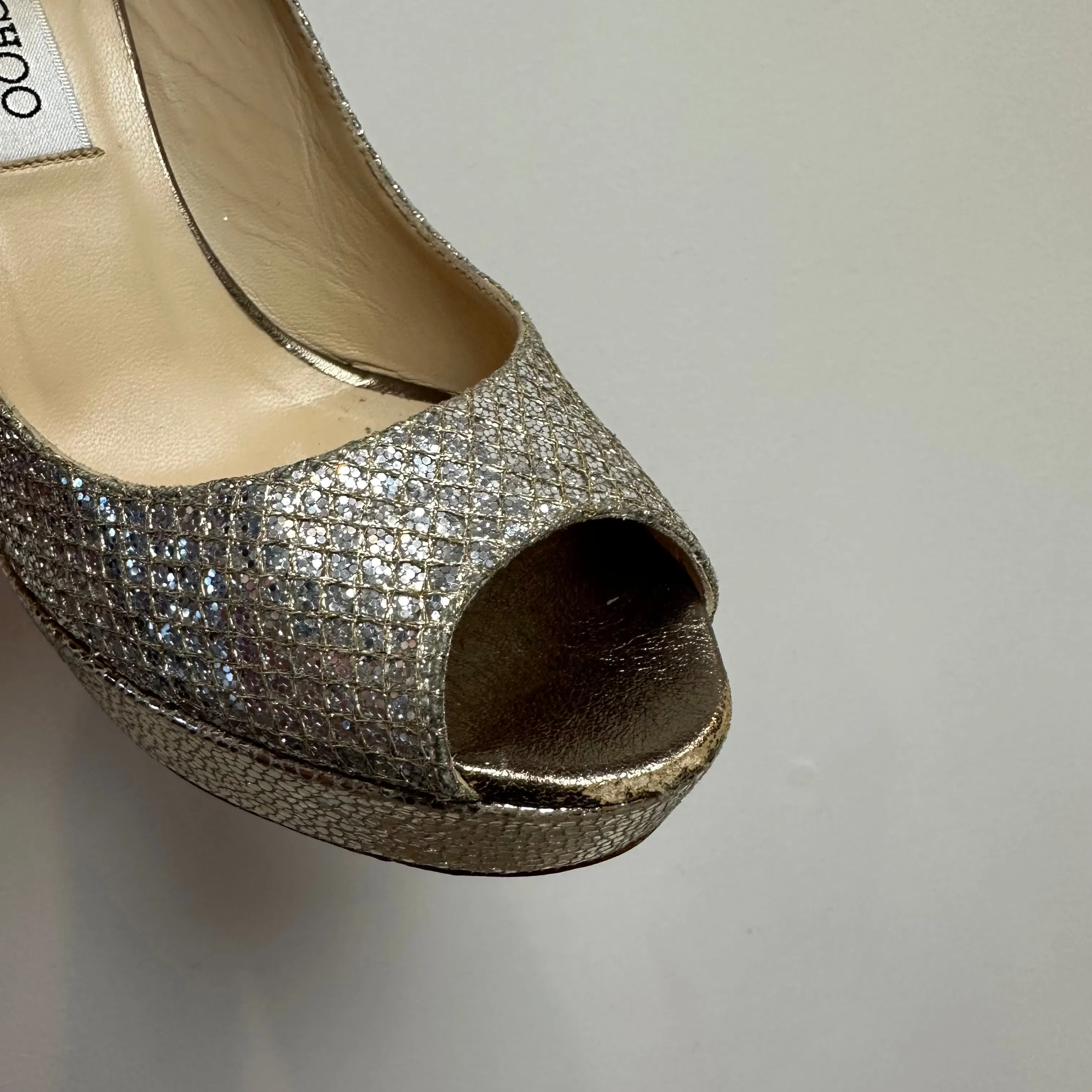 Jimmy Choo Dahlia Peep Toe Platform Pumps Silver Champagne Glitter Fabric