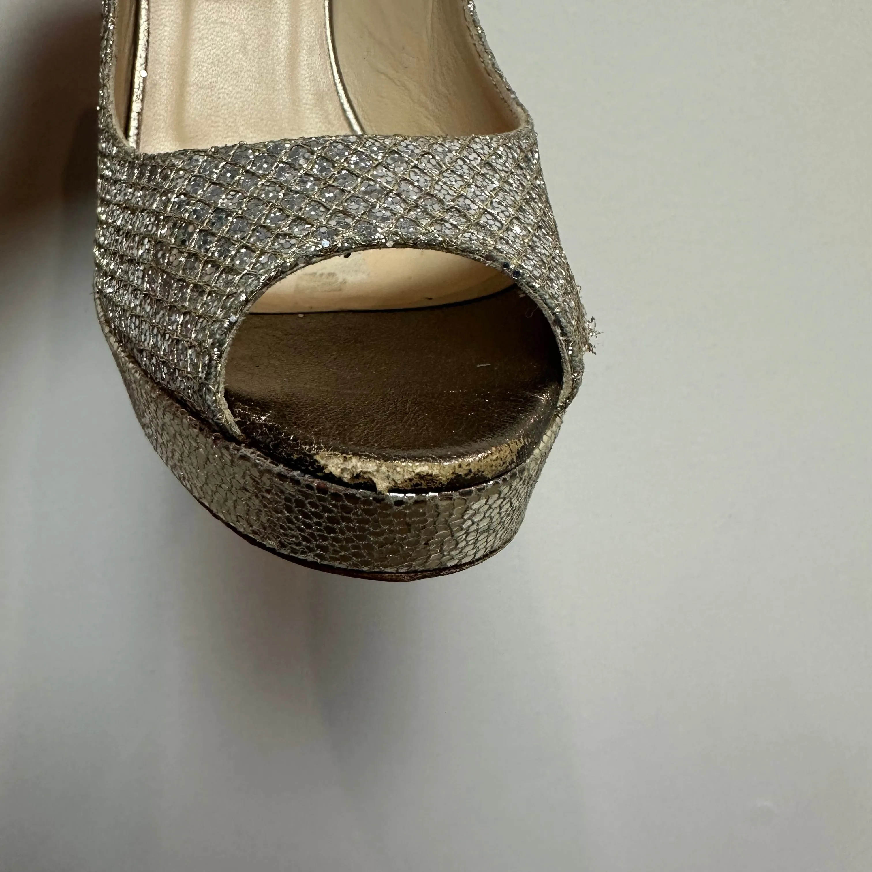 Jimmy Choo Dahlia Peep Toe Platform Pumps Silver Champagne Glitter Fabric