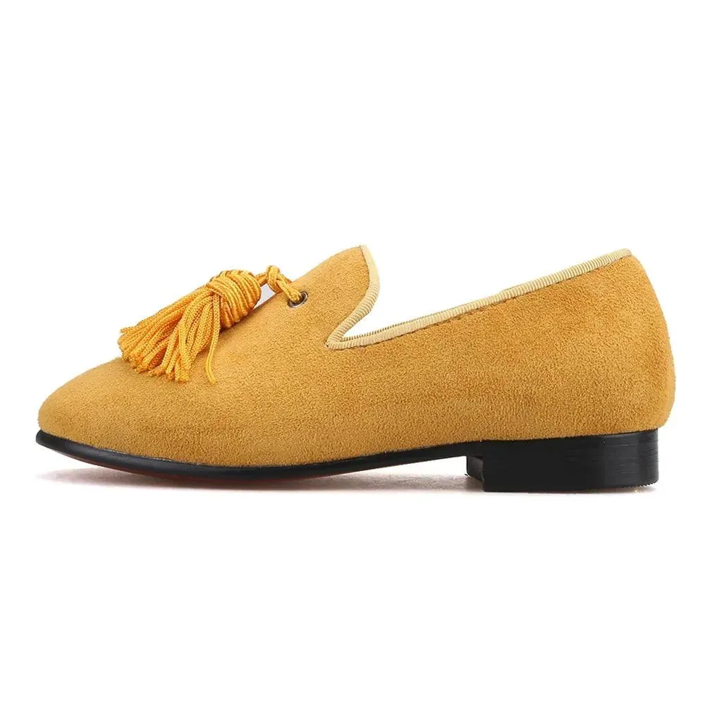 Kids Loafers Gold Suede Kids' Loafer Shoes: Tassel Party Shoes with Signature Red Bottom