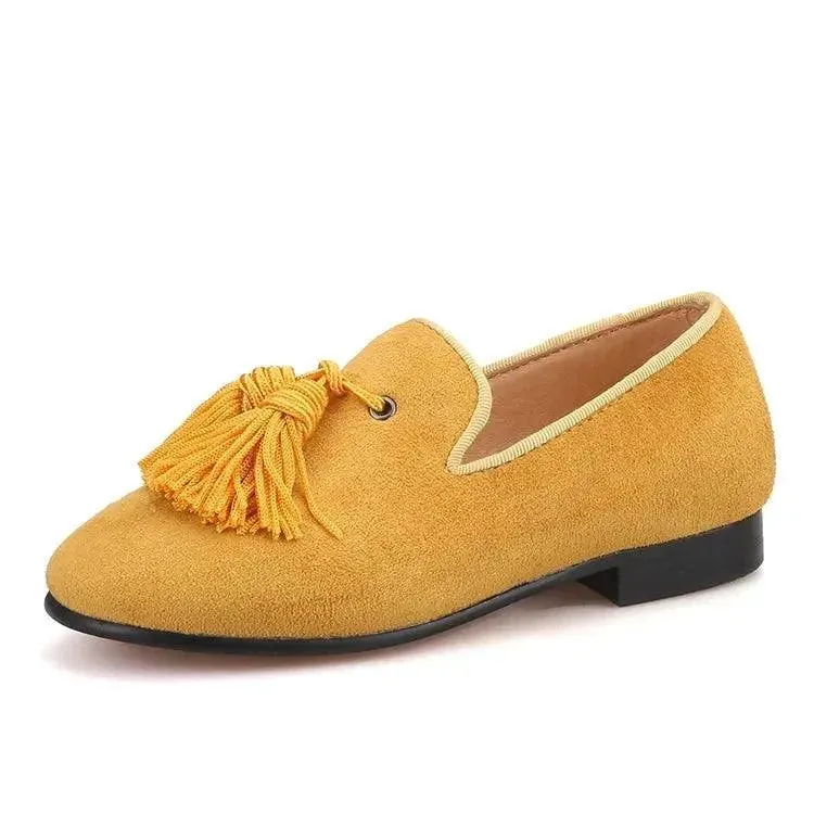 Kids Loafers Gold Suede Kids' Loafer Shoes: Tassel Party Shoes with Signature Red Bottom