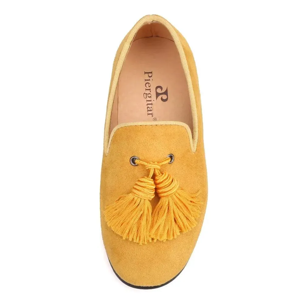 Kids Loafers Gold Suede Kids' Loafer Shoes: Tassel Party Shoes with Signature Red Bottom