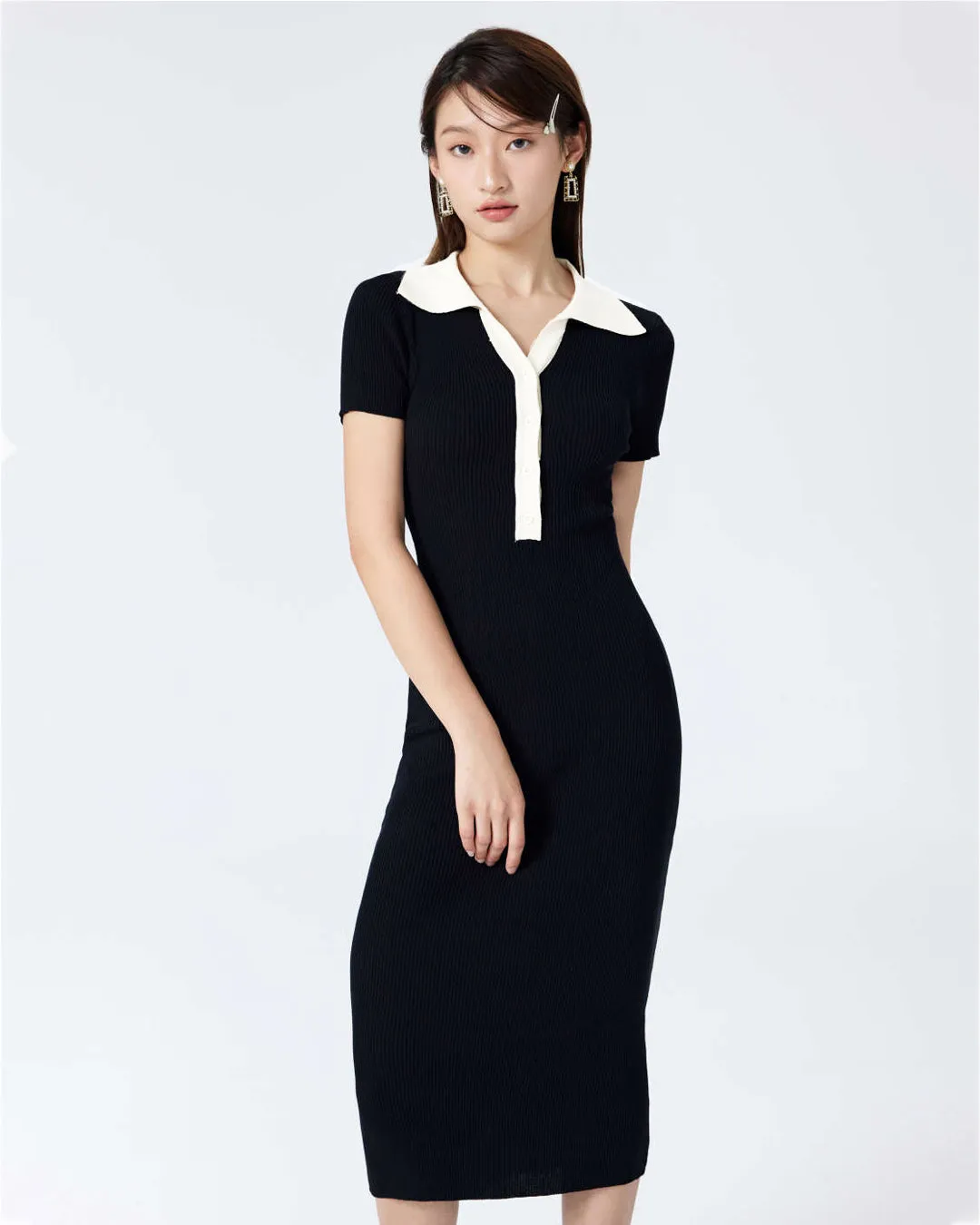 Knit Contrast Collar Rib Polo Black Dress