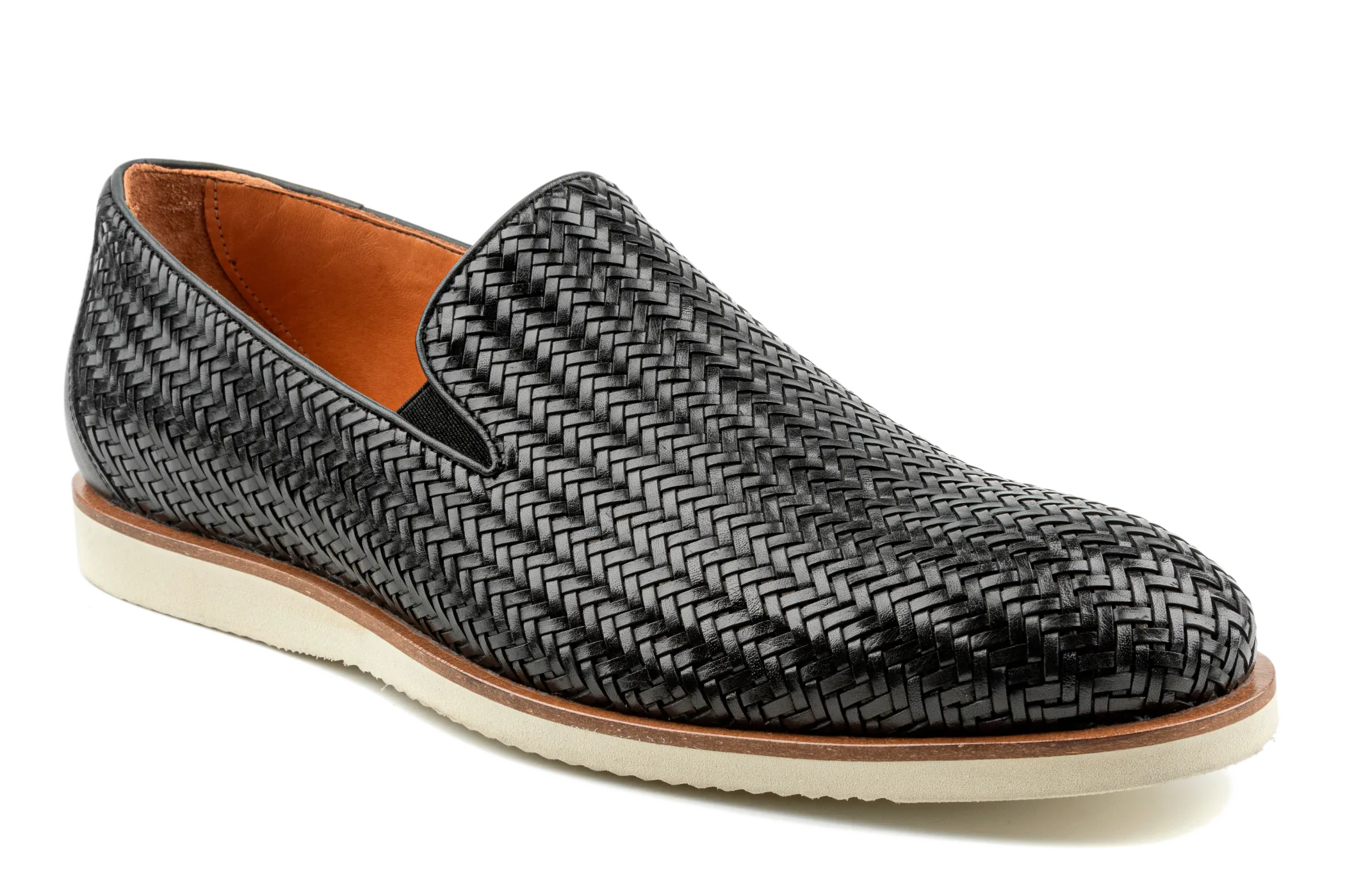 Maj Men's Woven Leather Loafers, Full Grain Leather Braided Loafers, Hybrid Loafer Dressy Sneakers in Black