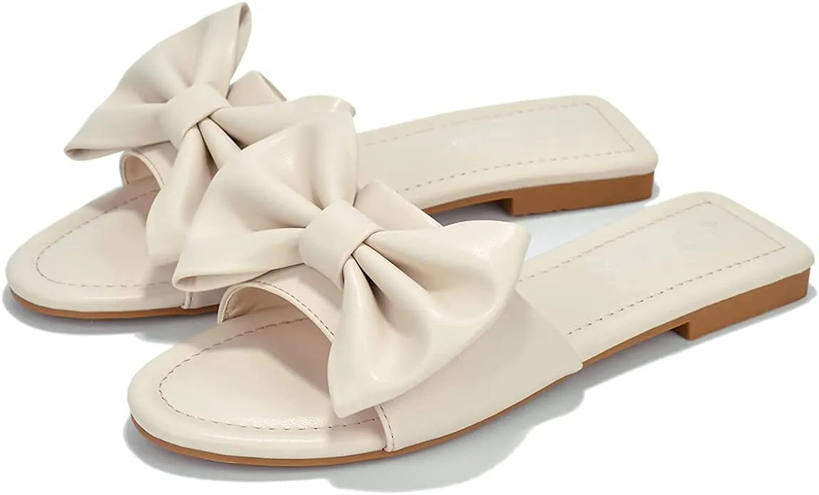 Summer Off White Vegan Leather Bow Knot Flat Sandals