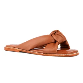 Tan Puffy Strap Sliders Flat