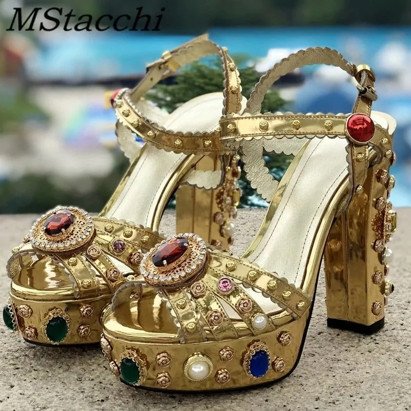 Women's Genuine Leather Platform Luxury Embellished Sandals Crystals Embroidered High Heels Buckle Ankle Strap