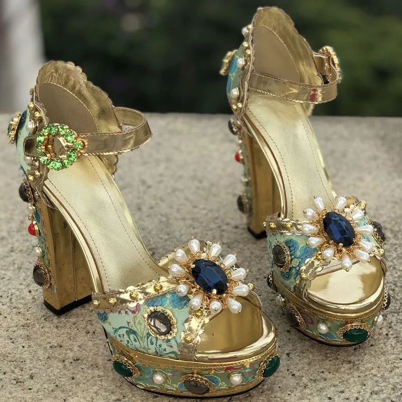 Women's Genuine Leather Platform Luxury Embellished Sandals Crystals Embroidered High Heels Buckle Ankle Strap