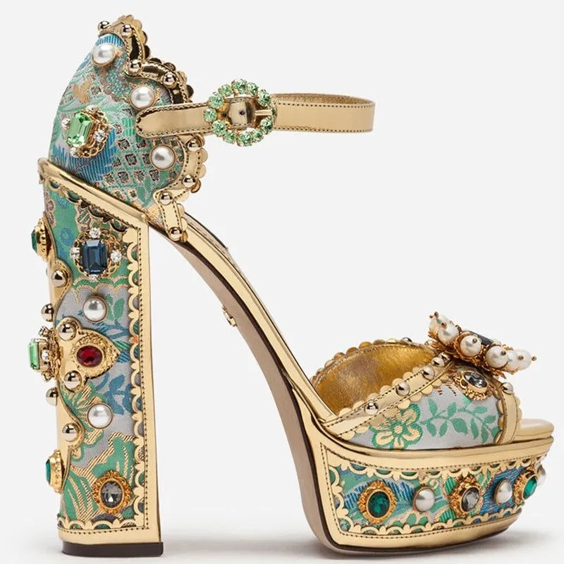 Women's Genuine Leather Platform Luxury Embellished Sandals Crystals Embroidered High Heels Buckle Ankle Strap