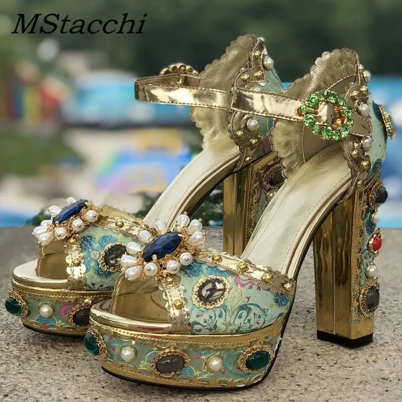 Women's Genuine Leather Platform Luxury Embellished Sandals Crystals Embroidered High Heels Buckle Ankle Strap